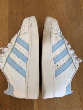 adidas White Sneakers with Light Blue Stripes